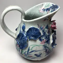 #01 Mid 19th Century English Flow Blue Porcelain Pitcher Applied Water Lilies Pads