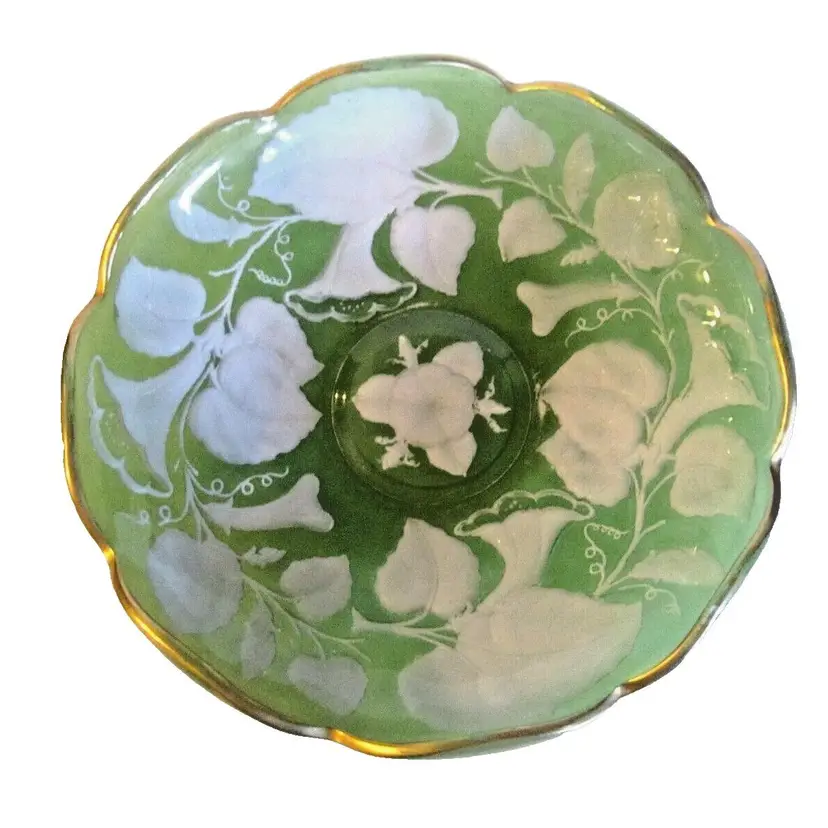 Imperial Glass 1920 Intaglio Green & White Morning Glories Console Bowl, RARE