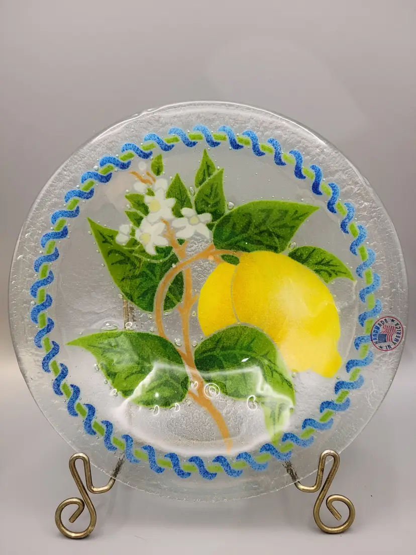 Peggy Karr Fused Art Glass Lemons Bowl, signed and dated '02