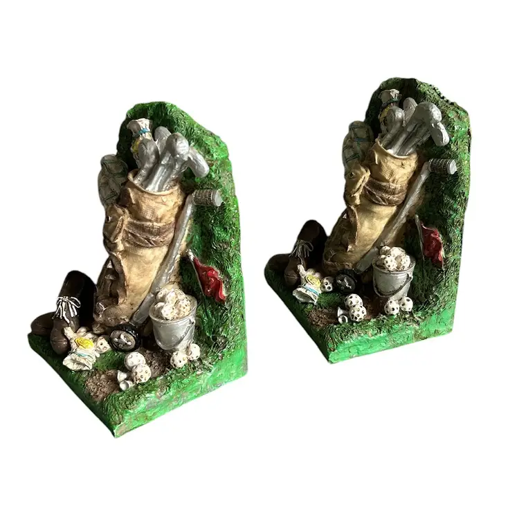 Set of Vintage Resin Relief Golf Themed Bookends