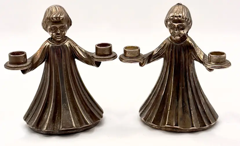 Vintage 1970’s Italian Silver Plate Candle Holder Pair, Choir Boy & Choir Girl Angelic Figurines, Mid-Century Christmas Holiday Design, Unbranded, Made In Italy