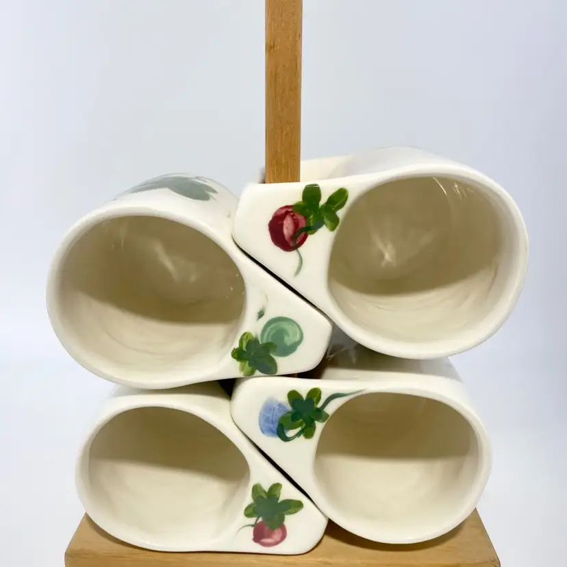 Kitschy Hobbyist Hand Painted Set Of 4 Ceramic Stackable Mugs With Stand Has Fruit Design 
* Notes