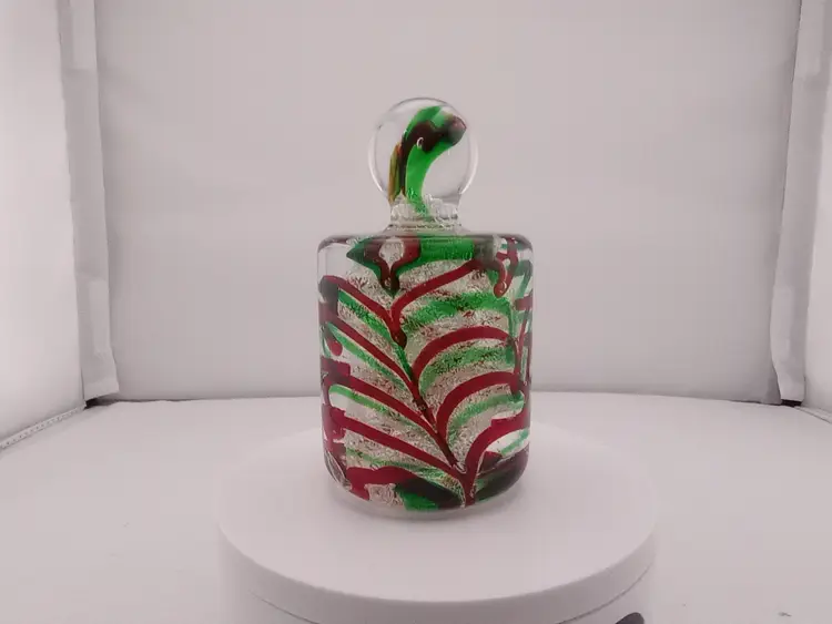 Fratelli Toso cylinder paperweight with red and green swirl