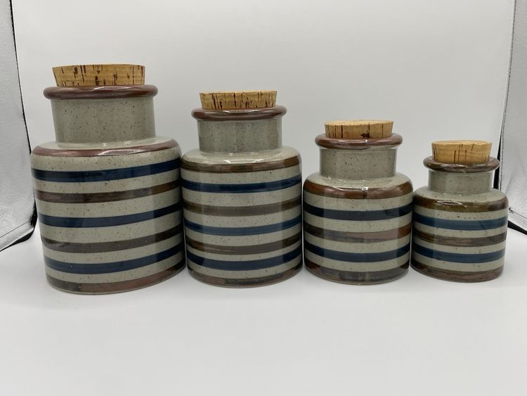 Vintage set of 4 mid-century speckled stoneware canisters with corks, blue and brown stripes, Japan