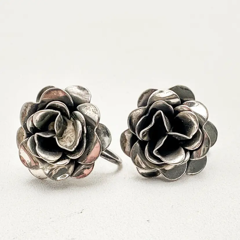Danecraft Earrings Sterling Silver Rose Flower Screw Back Vintage .75" D B25