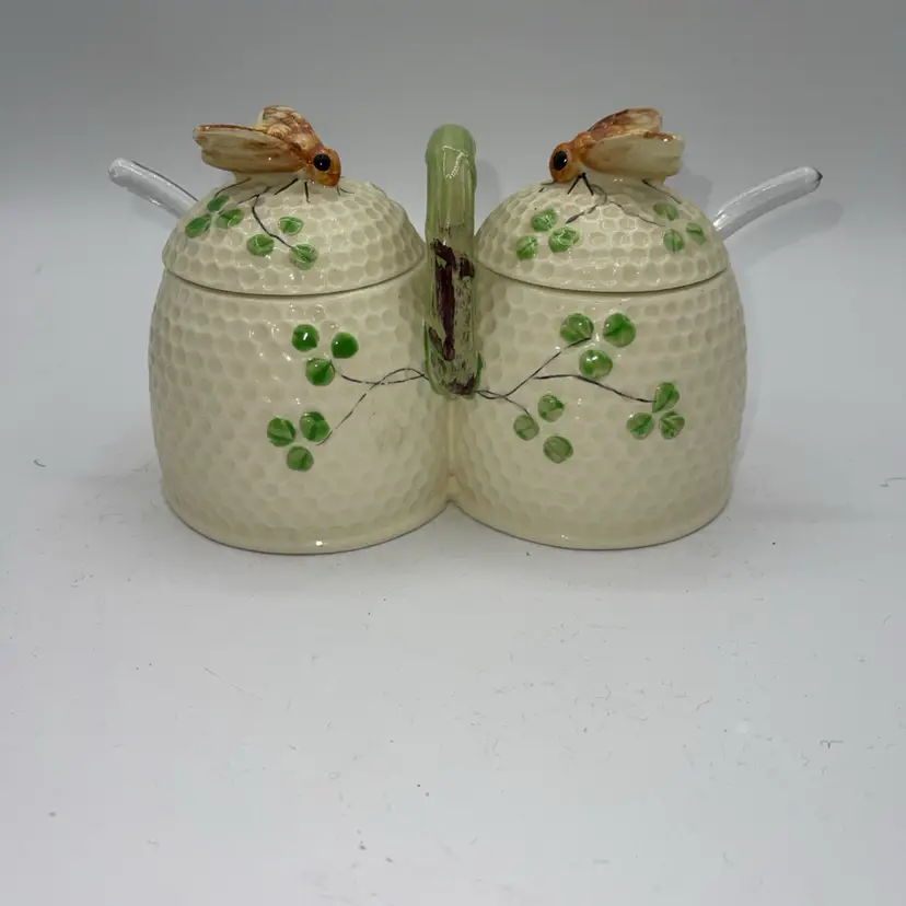 Beehive Double Honey Jar And Bee Pot With Lids And Spoons Vintage Japan