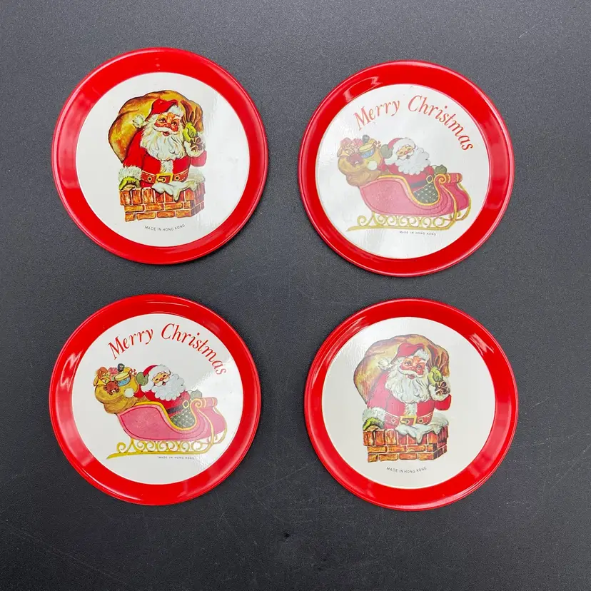 Tin Metal Santa Claus Christmas Holiday Kitschy Coasters Set of 4 Barware VTG