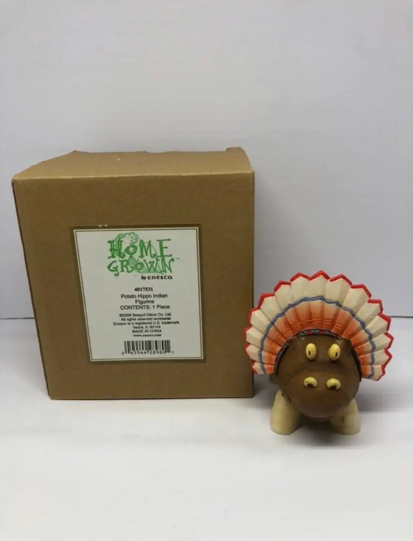 Enesco Home Grown Potato Hippo Indian Figurine in Headdress with Box