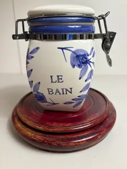 California Pantry Blue and White “Le Bain” Bathroom Storage Jar with Locking Lid
