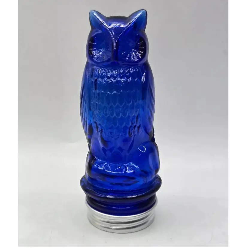 1920s Victory Glass Co. Blue Cobalt Glass Owl Jar/Container • Metal Base • EUC