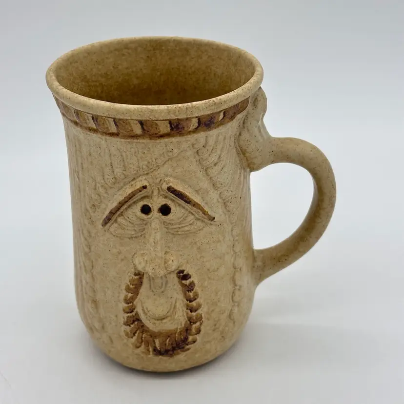 Pottery Craft USA 1970's Tall Face Sculpture Vintage Coffee Mug Robert Maxwell