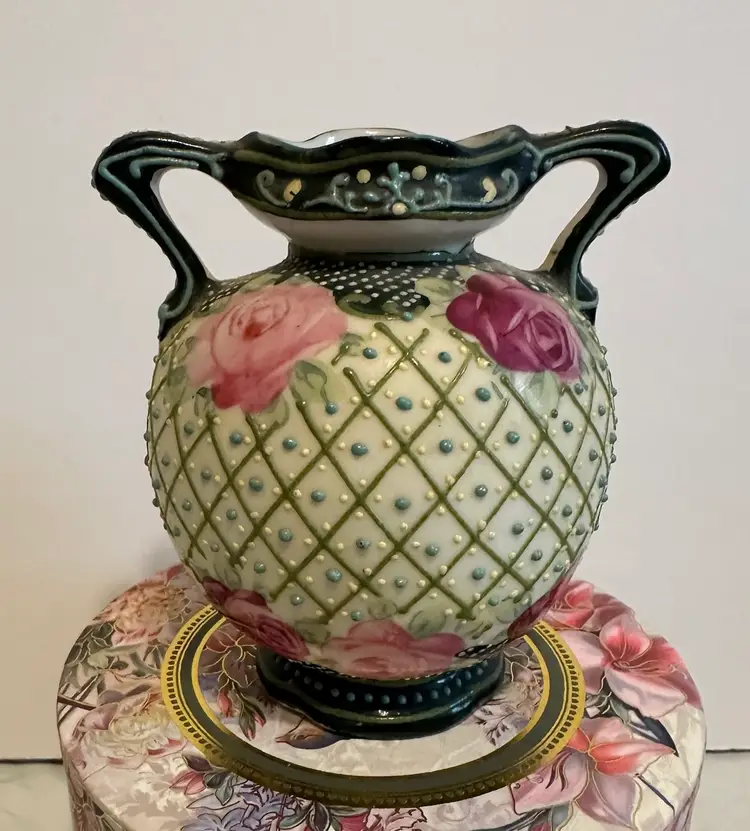 Antique Nippon Moriage Beaded 4” Vase Roses