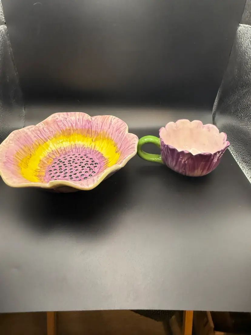 Hand-Painted Pottery Bowl  Purple Flower - signed with Flower Mug