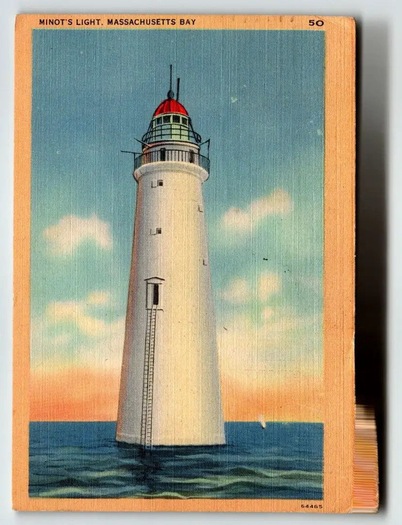 Minot's Light Massachusetts Bay Lighthouse Postcard 1947 Linen Vintage Tichnor