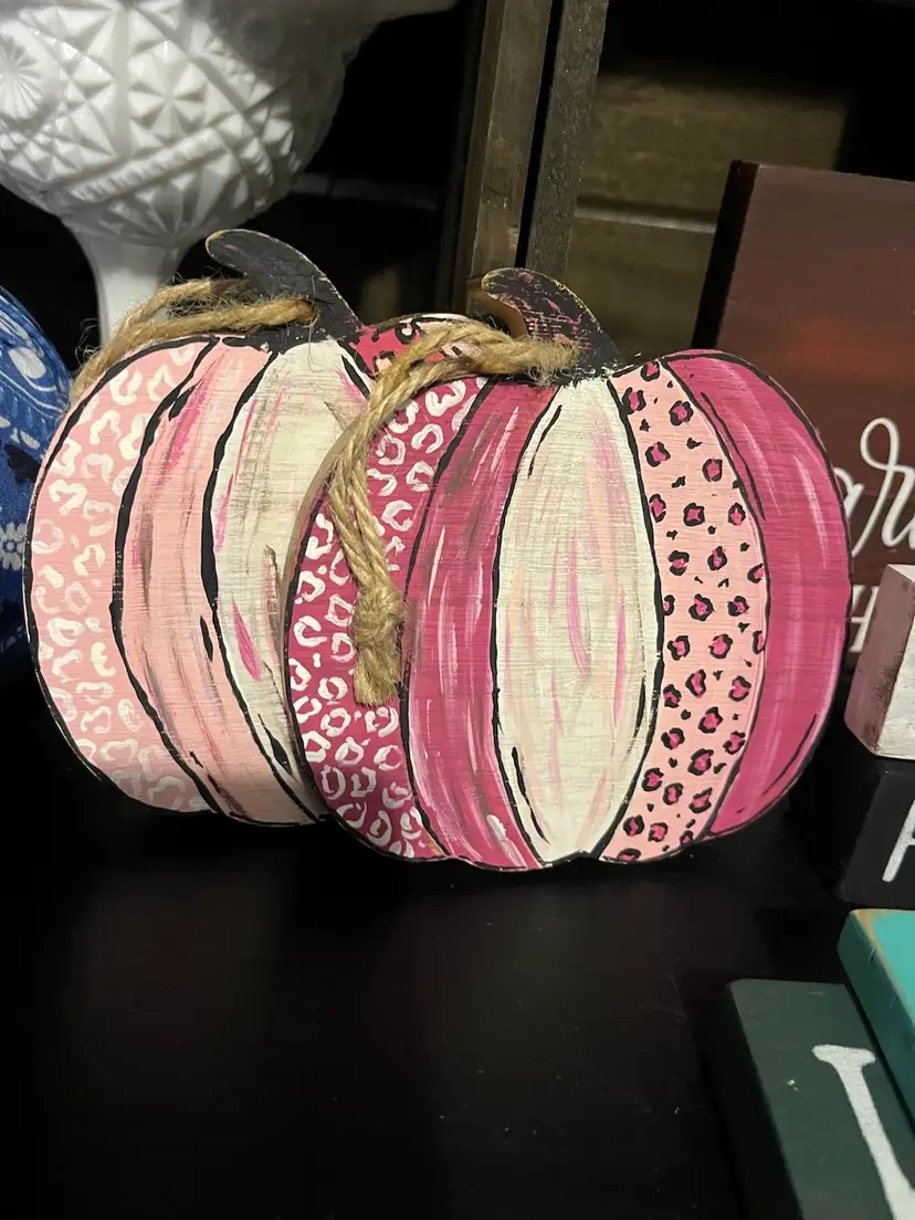 Set of 2 Wooden Pumpkins - Hand Painted Pink Pumpkin Hangers Or Ornaments