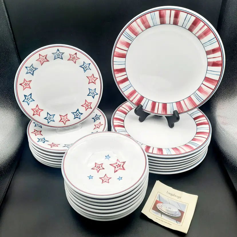 Longaberger Stars & Stripes Patriotic Memorial Day 4th of July Melamine Dinnerware Set of 24