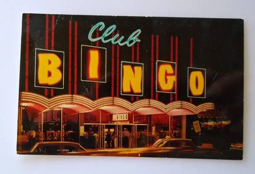 Club Bingo Postcard Las Vegas Nevada Neon Lights Sign Old Cars Cab Chrome Unused