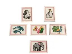 Set Of 6 Finished & Framed Kids Animals Diamond Art Pictures 4”x6”.