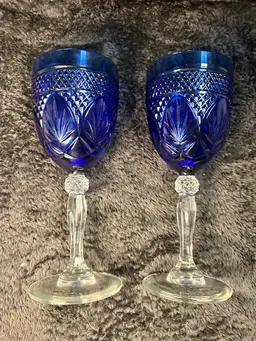 Set Of 2 Vintage Cristal D'Arques Water Goblets Sapphire Blue Embossed