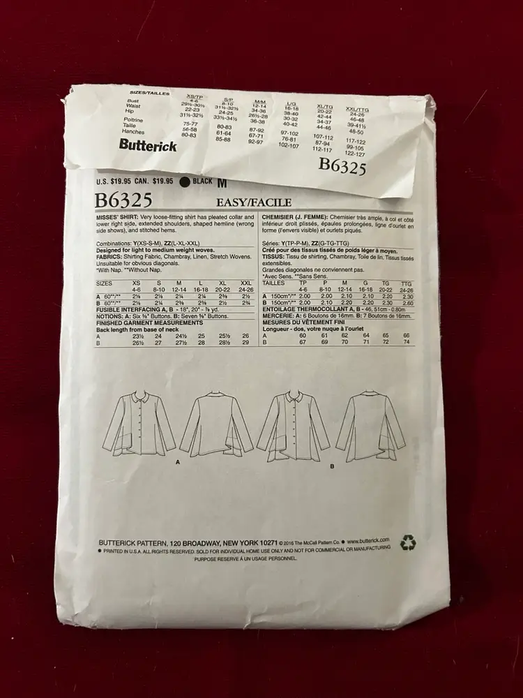Vtg Butterick Pattern B6325 Assymetrical Shirt L XL XXL Uncut FF