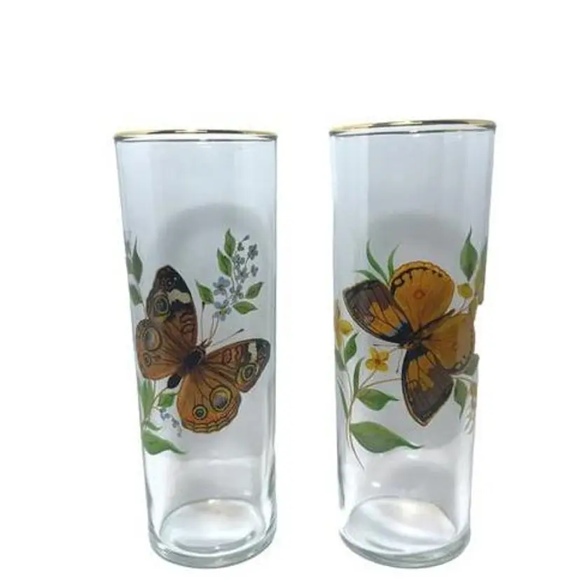 West Virginia Glass Company Gold Rim Monarch Butterfly Tom Collins Glasses - Set of 2