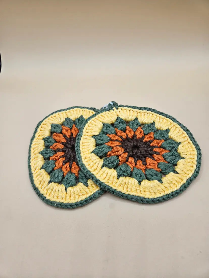 2 Round Orange, Green, Yellow Crocheted 6.5" Hot Mat