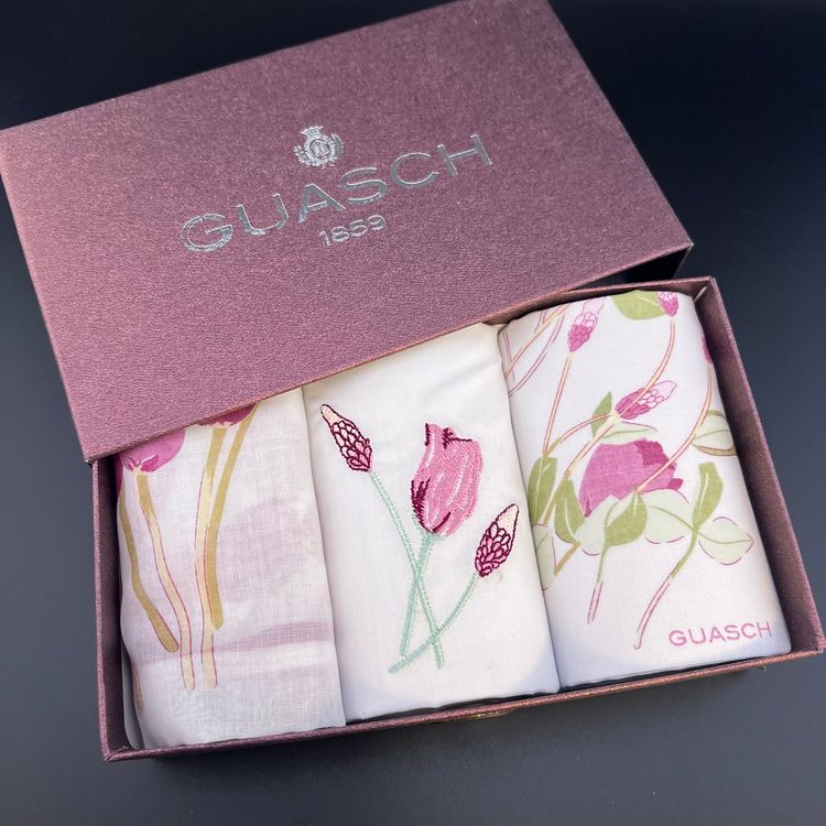 Beautiful Guasch 1859 Boxed Set Of 3 Floral 100% Cotton Hankies FF
