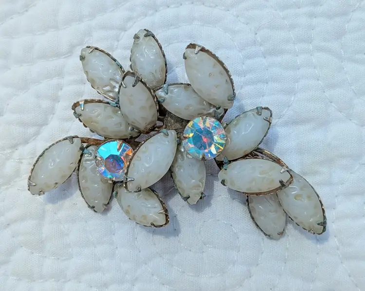 Vintage Mid Century Abstract Brooch with Very Pale Gray Glass Marquis Cut Stones and Clear Rhinestones