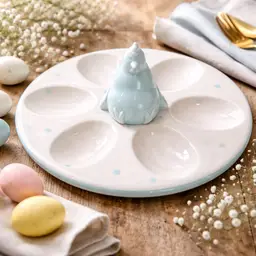 Deviled Egg Platter w/ Turquoise Chicken at Center, 6 Egg Indentations, 9.5" Diameter
