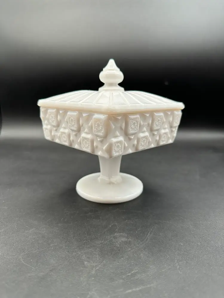 Vintage Milk Glass Square Westmoreland Quilted Pedestal Candy Dish 7”T 4.25”W