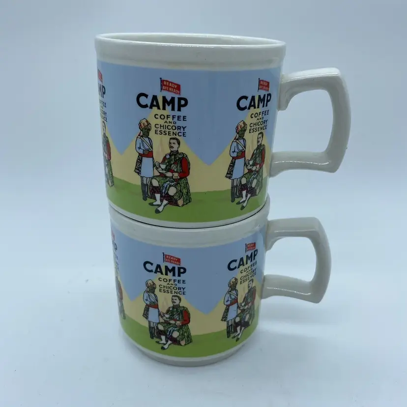 #1708 Pair Camp Coffee Mugs, Woods England, Coffee and Chicory Essence Retro 1970s