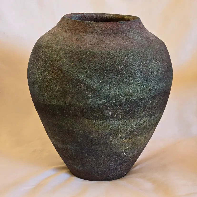 Studio Art Raku Pottery Signed KB No Date Subtle Color Highly Textured 8¾" Tall 7½" Diameter Approximately