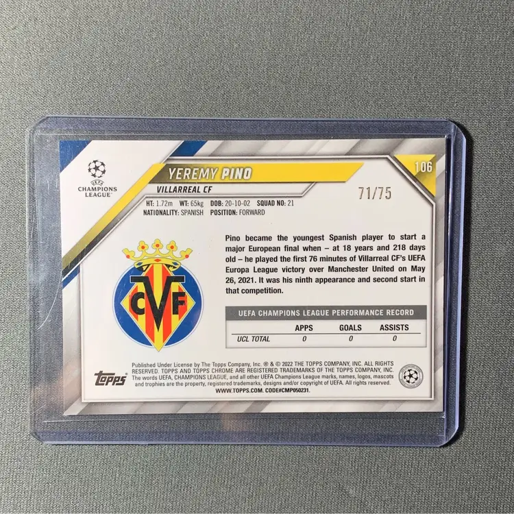 2021-22 Topps Chrome UCL Blue Wave Refractor Yeremy Pino /75 #106 - Villarreal