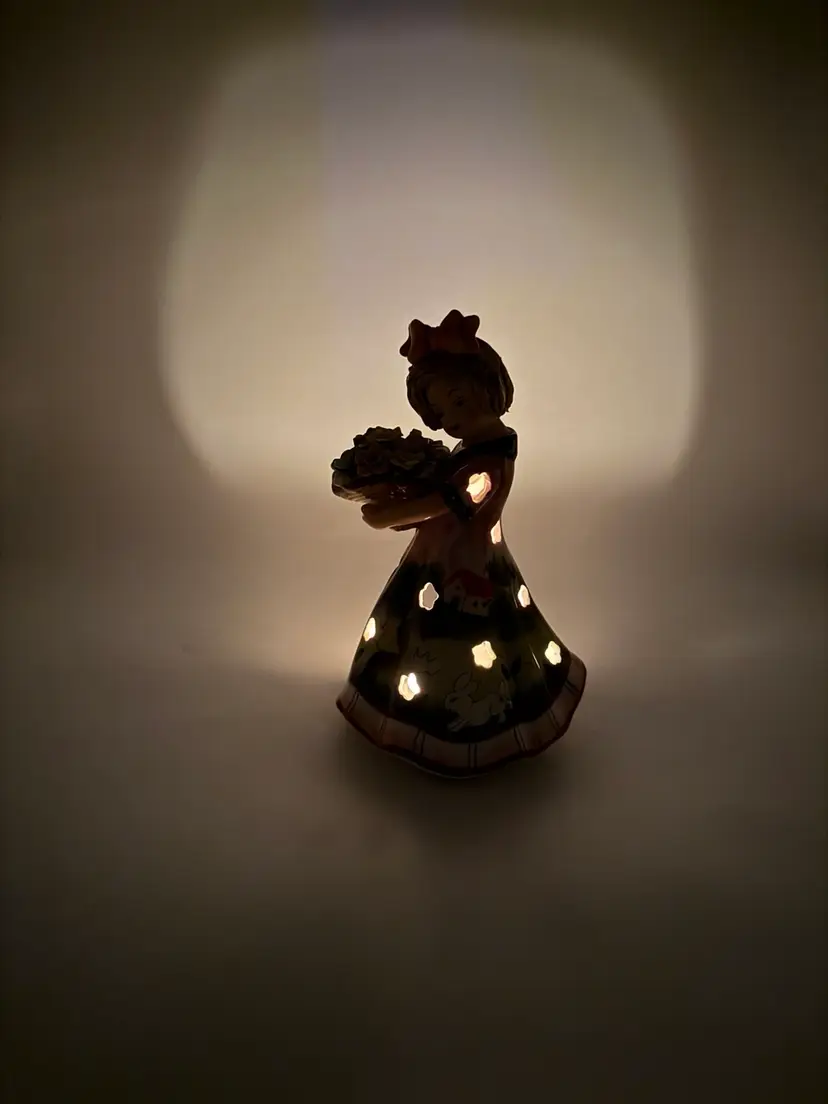 Cottagecore Tealight Candle Holder Girl With Spaghetti Hair & Flower Basket Vtg.