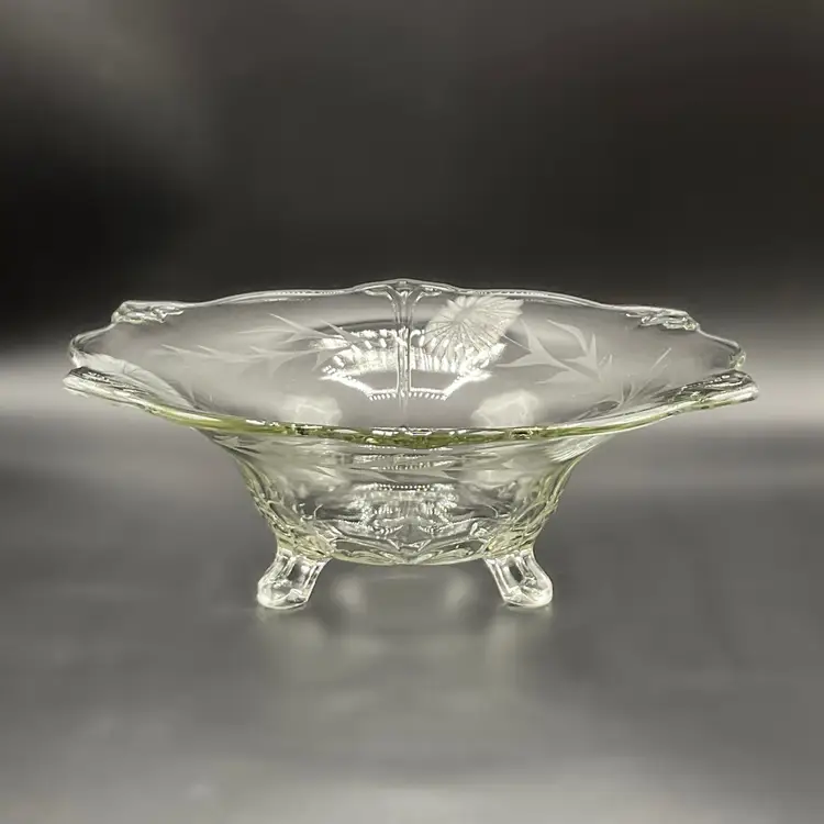 Vintage WJ Hughes Cornflower 3 Toed Footed Bowl 12" Serving Fruit Etched Glass