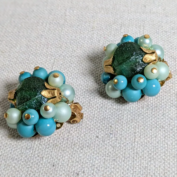 Beaded Cluster Bauble MCM Green Teal Clip On Earrings