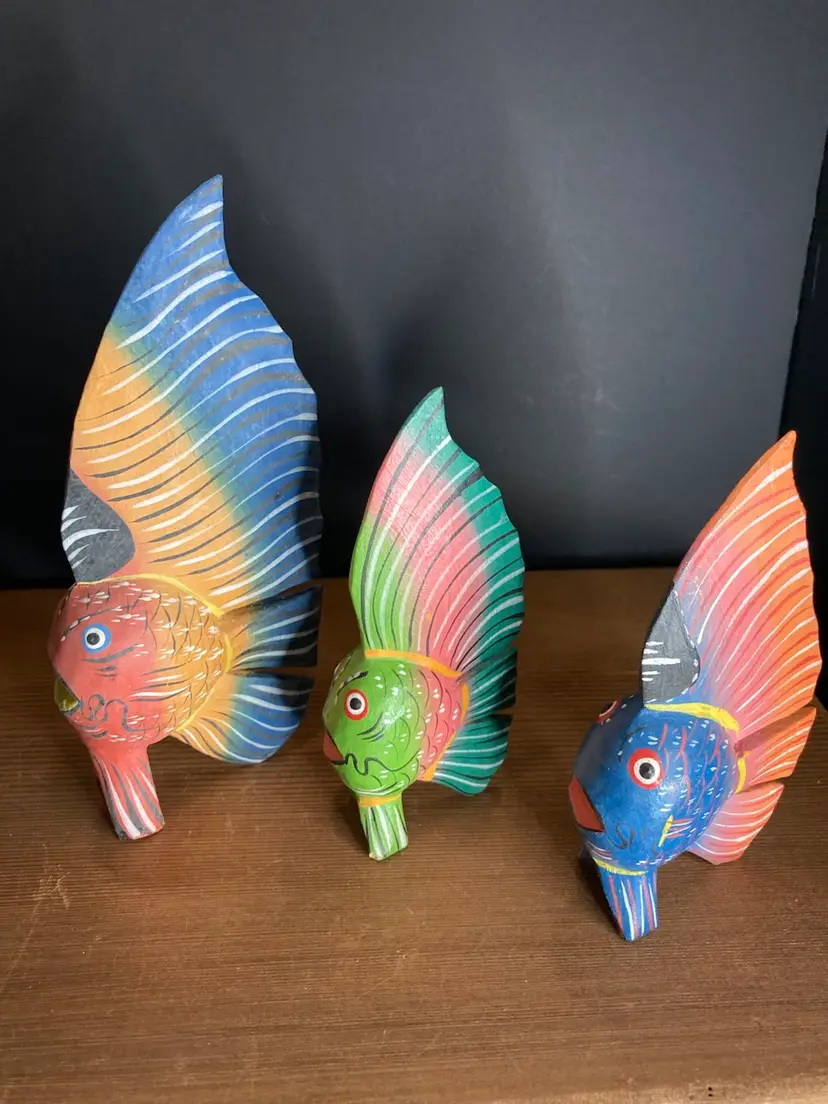 Set Of 3 Free Standing Multicolored Wooden Hand painted Decor Fish