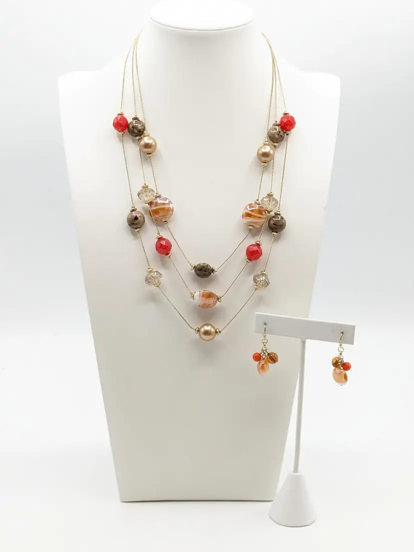 Silver Tone Triple Strand Glass and Acrylic  Beaded Necklace with Matching Pierced Earrings