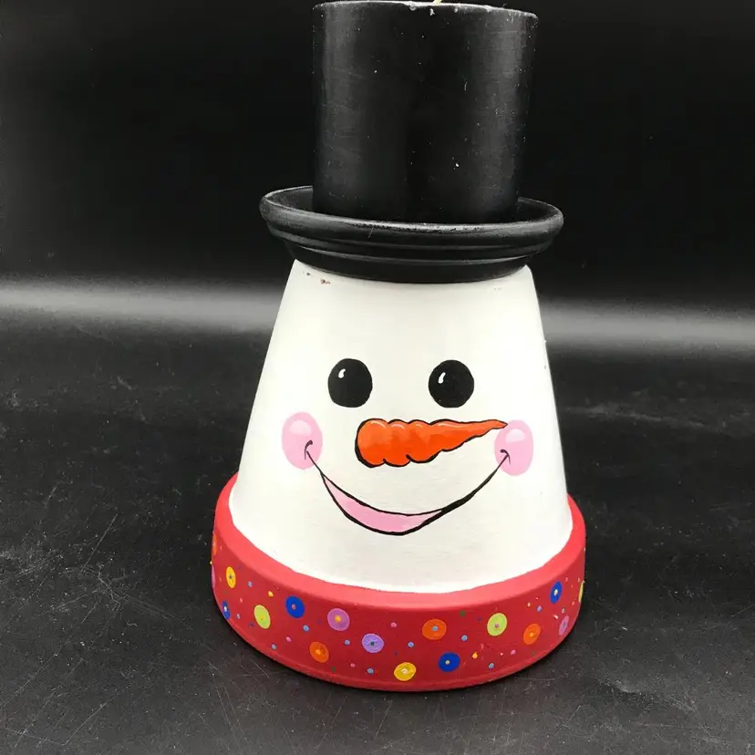 Hand Painted Clay Pot Snowman Candle Holder One of a Kind