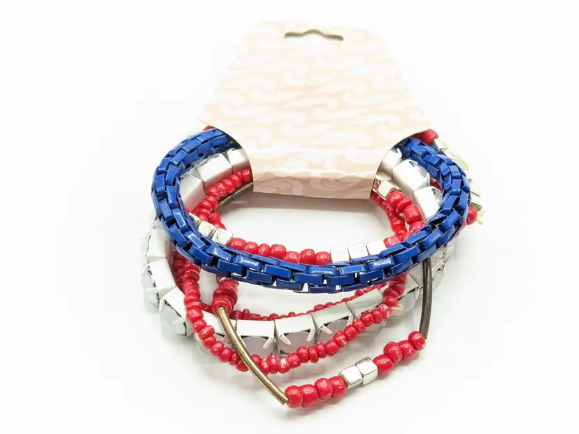 Red White Blue Patriotic Stretch Bracelets Fourth of July Set of 6