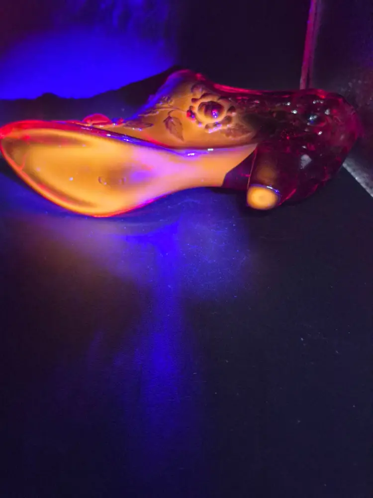 Vintage Fenton Ruby Red Glass Boot Figurine With Floral Embossed Design Glows