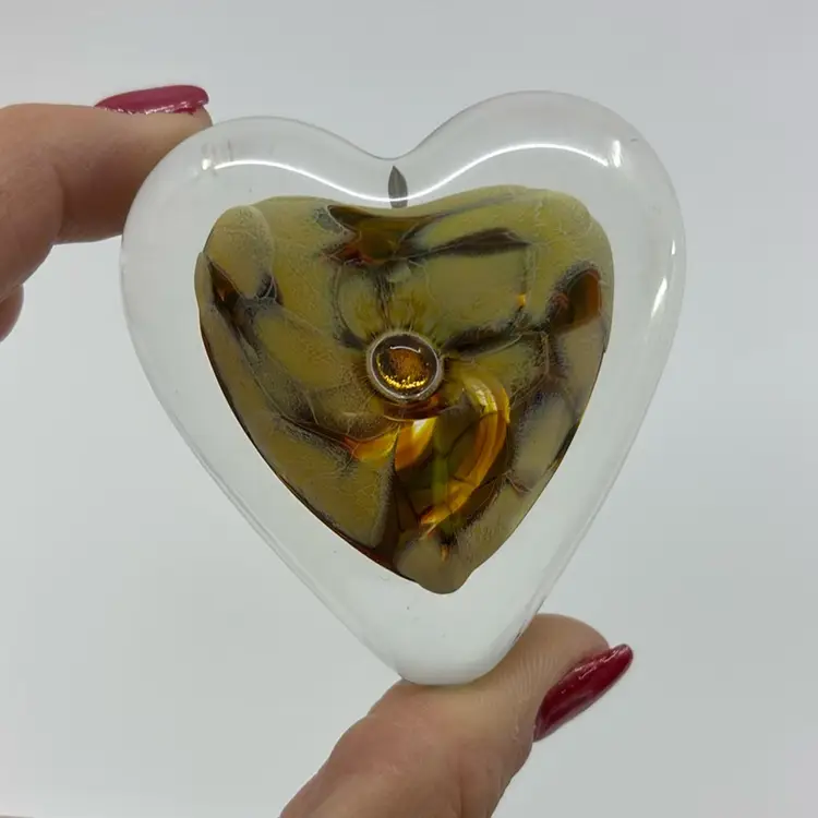 Dichroic Core Art Glass Heart Paperweight Signed 2.5”