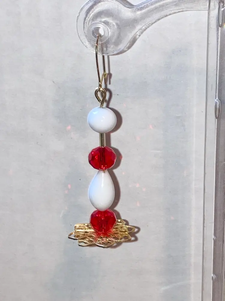 Milk Glass And Crystal Beads Perfume Bottle Earrings! 2 1/2” drop.  Made By Me!