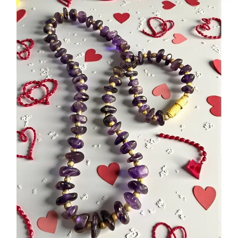 Vintage Natural Amethyst Stone & Gold Tone Beads Necklace 18” Barrel Clasp - February Birthday