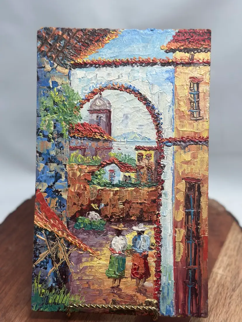 Vintage Original Oil Painting Village Street On Board 9” X 5.5” Incredible