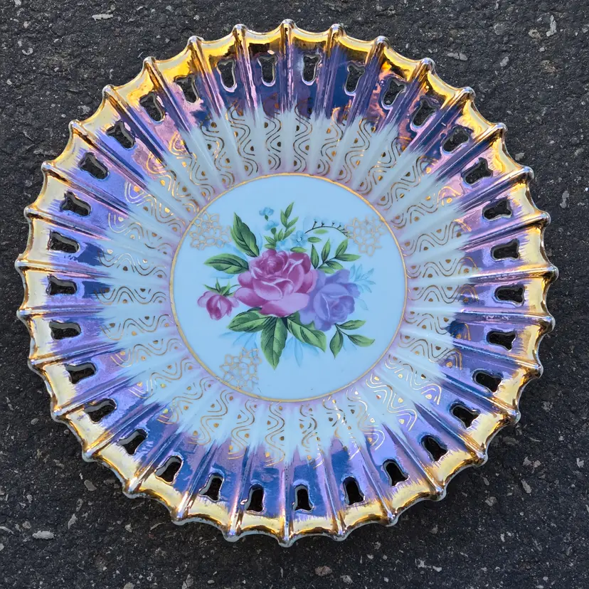 Rose Plate Reticulated French Renaissance Cobalt Blue Gold Border Unbranded Vintage