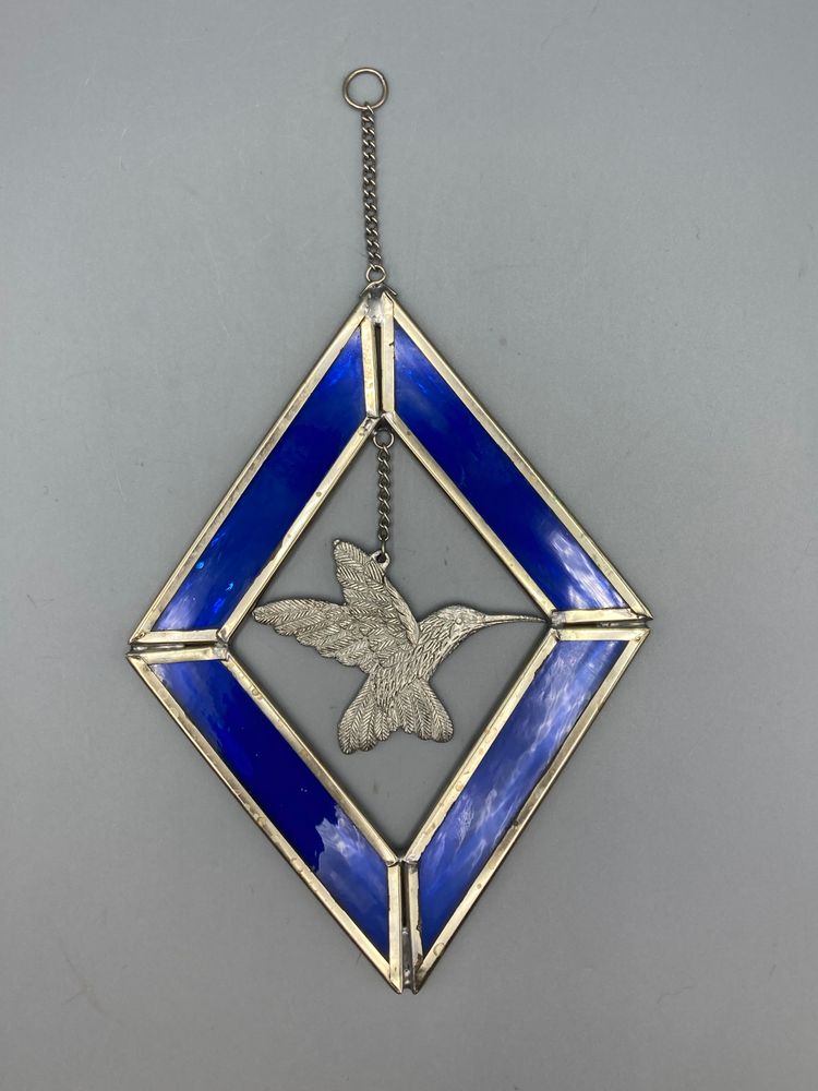 Blue Stained Glass Suncatcher with Pewter Hummingbird
