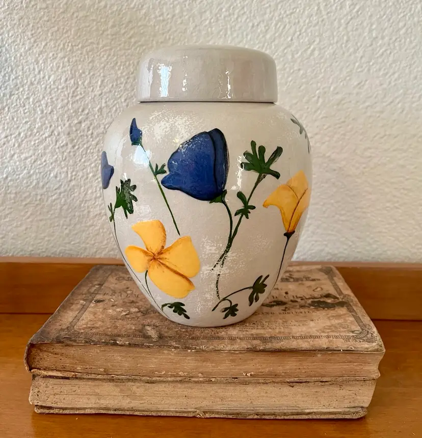 Studio Art Pottery Hand Painted Signed Blue Yellow Floral Flowers Ginger Jar Large Lidded Pot