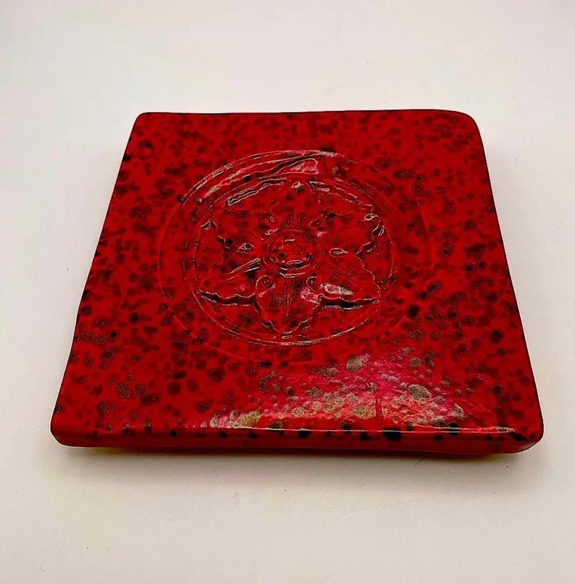 Square, handmade, red, glazed, ceramic tile, floral design, J. Beaumont Pottery, Phoenix, Maryland