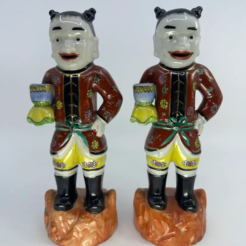 Vintage Ceramic Asian Male Chinoiserie Figurines 8.25” Set/2